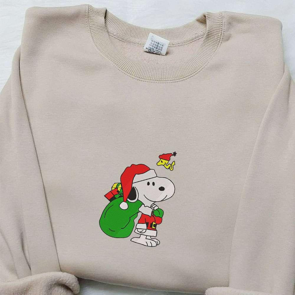 Snoopy And Woodstock Xmas Embroidered Shirt The Peanuts Cartoon Embroidered Hoodie Christmas Embroidered Sweatshirt