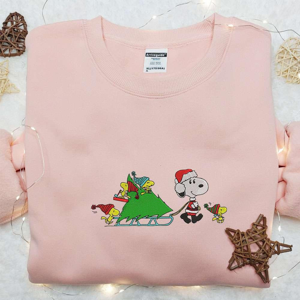 Snoopy And Woodstocks With Christmas Tree Embroidered Shirt The Peanuts Cartoon Embroidered Hoodie Christmas Embroidered Sweatshirt