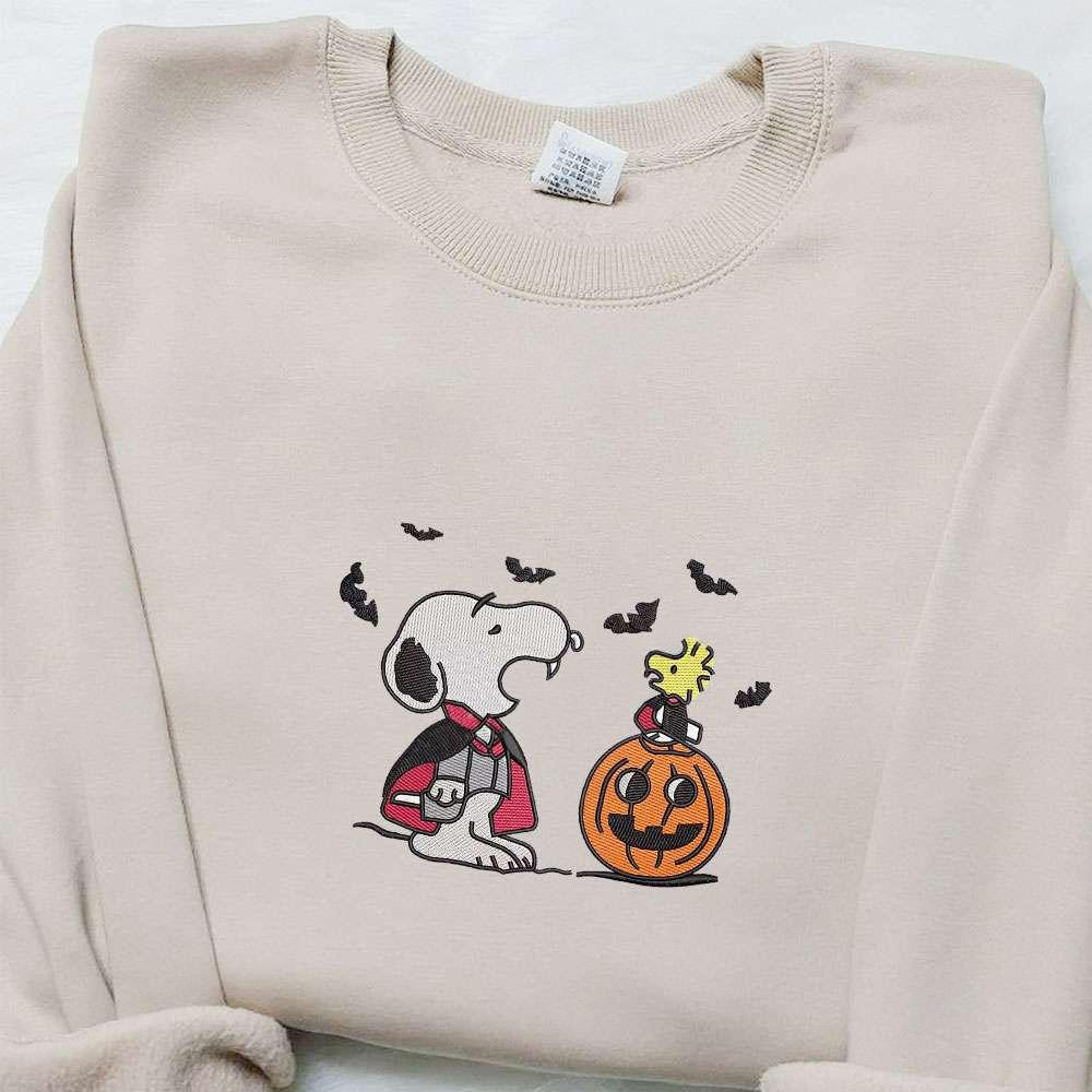 Snoopy Dracula And Woodstock Pumpkin x Nike Swoosh Embroidered Shirt The Peanuts Cartoon Embroidered Hoodie Halloween Embroide
