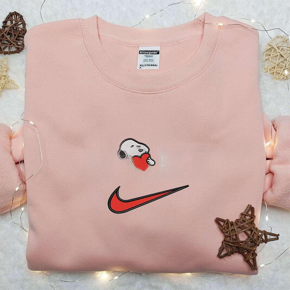 Snoopy Heart x Nike Embroidered Sweatshirt Peanuts Cartoon Embroidered Shirt Nike Inspired Embroidered Shirt