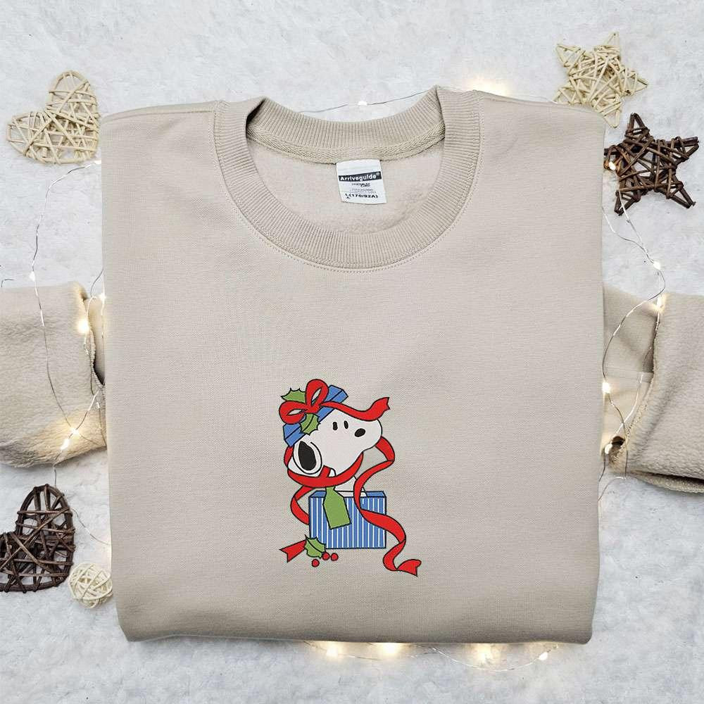 Snoopy In Christmas Gift Box Embroidered Shirt The Peanuts Cartoon Embroidered Hoodie Best Christmas Gifts For Family