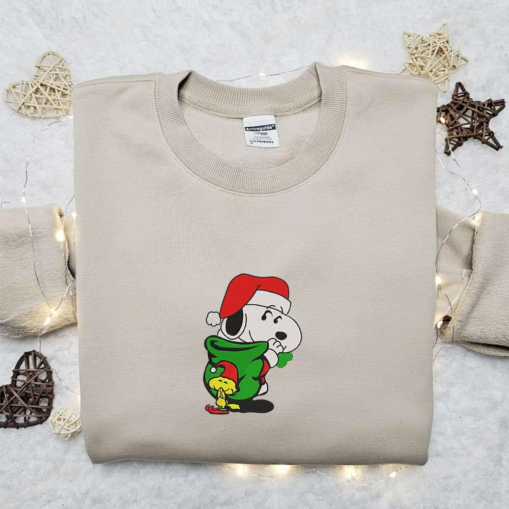 Snoopy Santa And Woodstock Embroidered Shirt The Peanuts Cartoon Embroidered Hoodie Best Christmas Gifts For Family