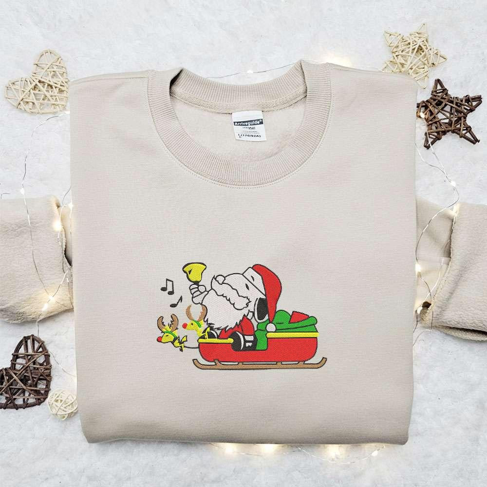 Snoopy Santa Riding Sleigh Embroidered Shirt Cartoon Embroidered Hoodie Christmas Embroidered Sweatshirt