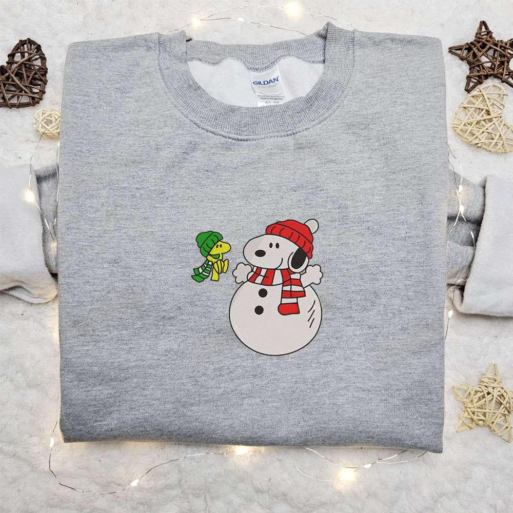 Snoopy Snowman And Woodstock Embroidered Shirt The Peanuts Cartoon Embroidered Hoodie Best Christmas Gifts For Family