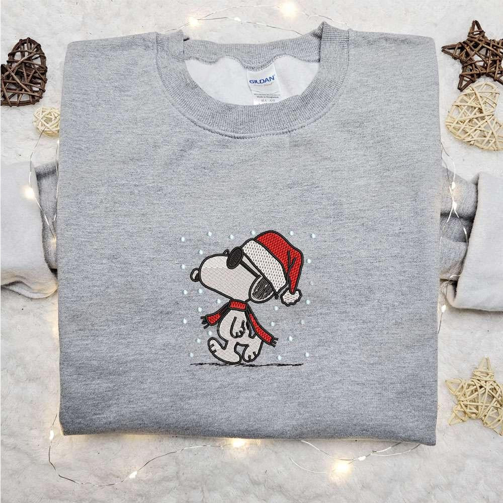 Snoopy Walking In Snow Xmas Embroidered Shirt Cartoon Embroidered Hoodie Christmas Embroidered Sweatshirt