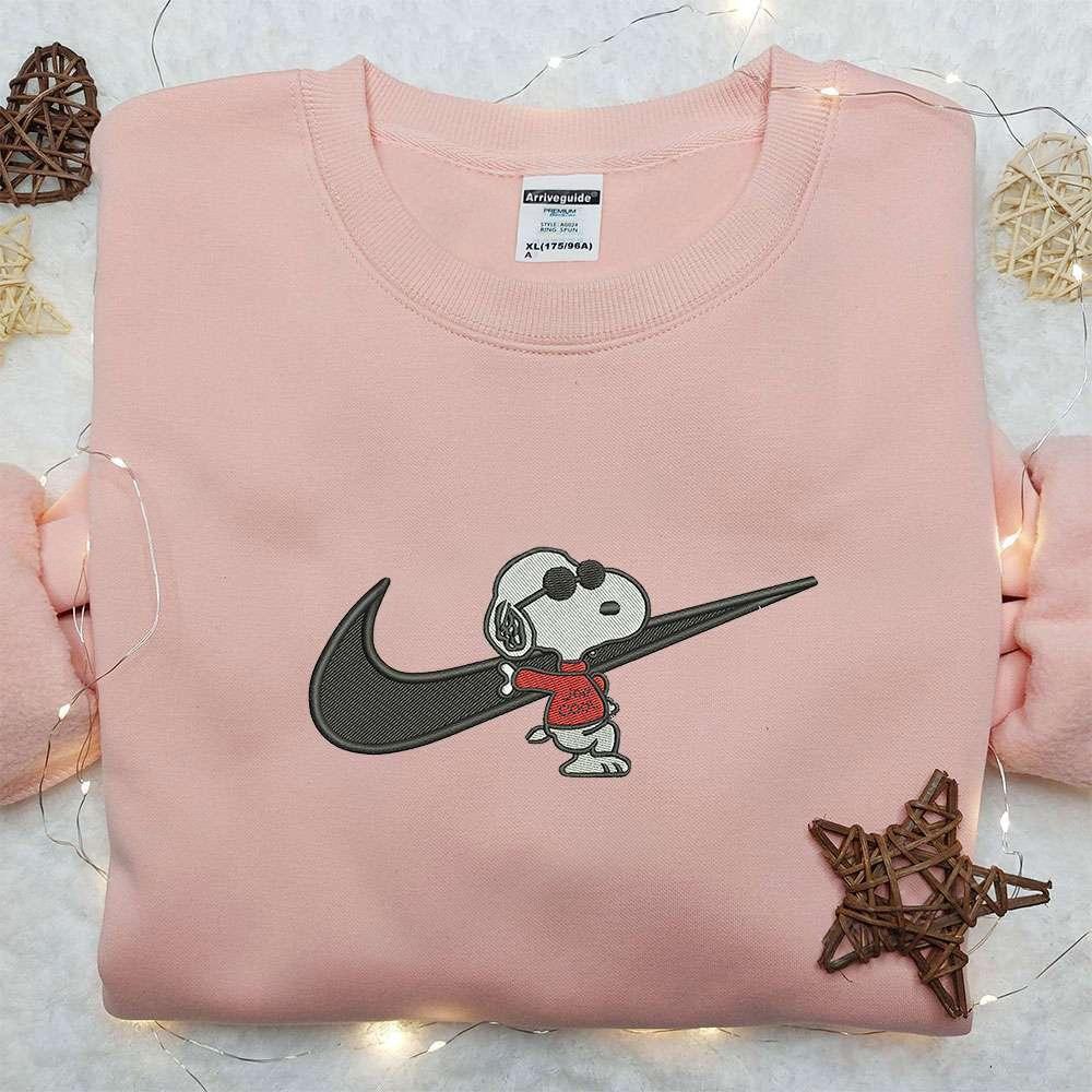 Snoopy X Nike Swoosh Embroidered Sweatshirt Peanuts Cartoon Embroidered Shirt Nike Inspired Embroidered Shirt