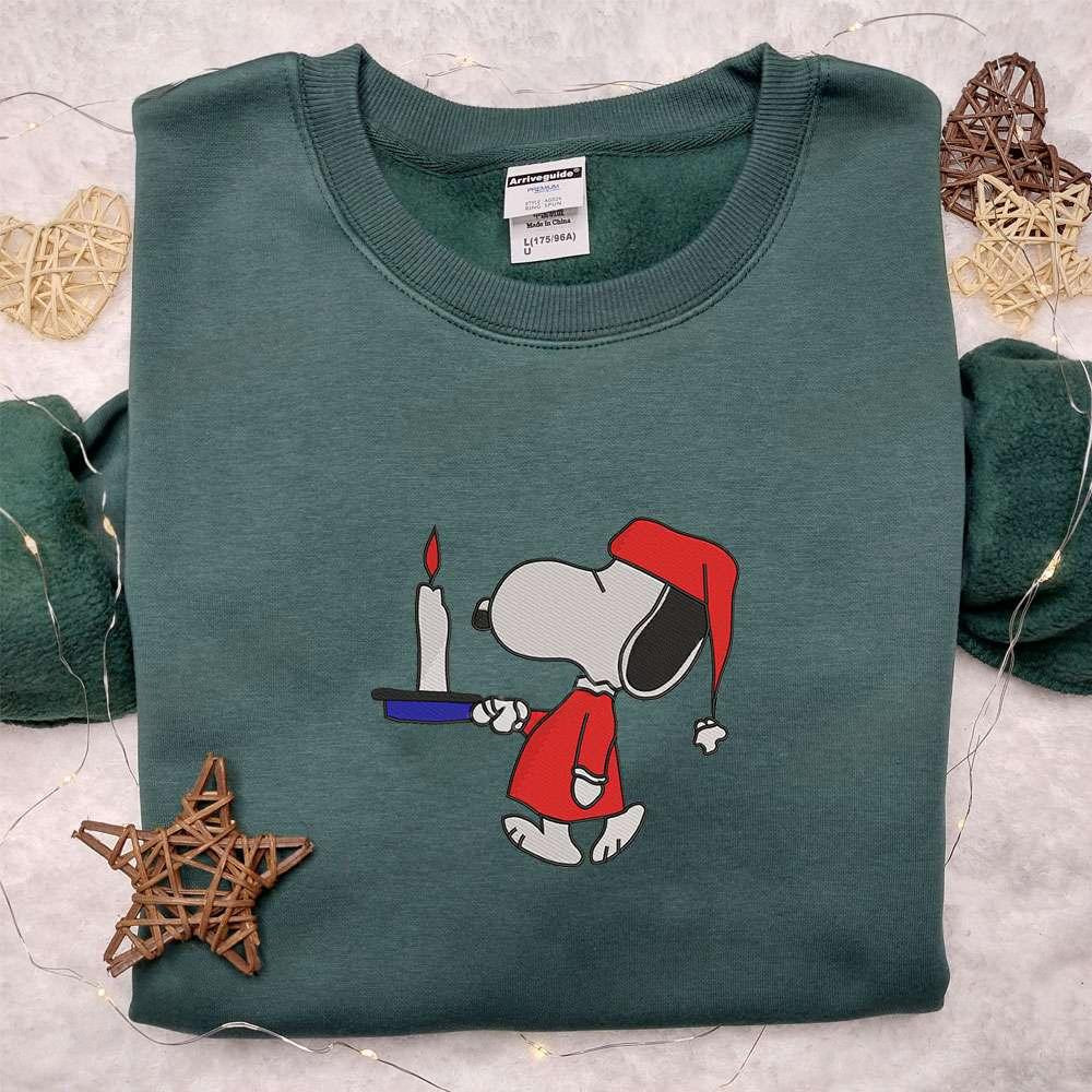 Snoopy Xmas With Candle Embroidered Shirt Cartoon Embroidered Hoodie Christmas Embroidered Sweatshirt