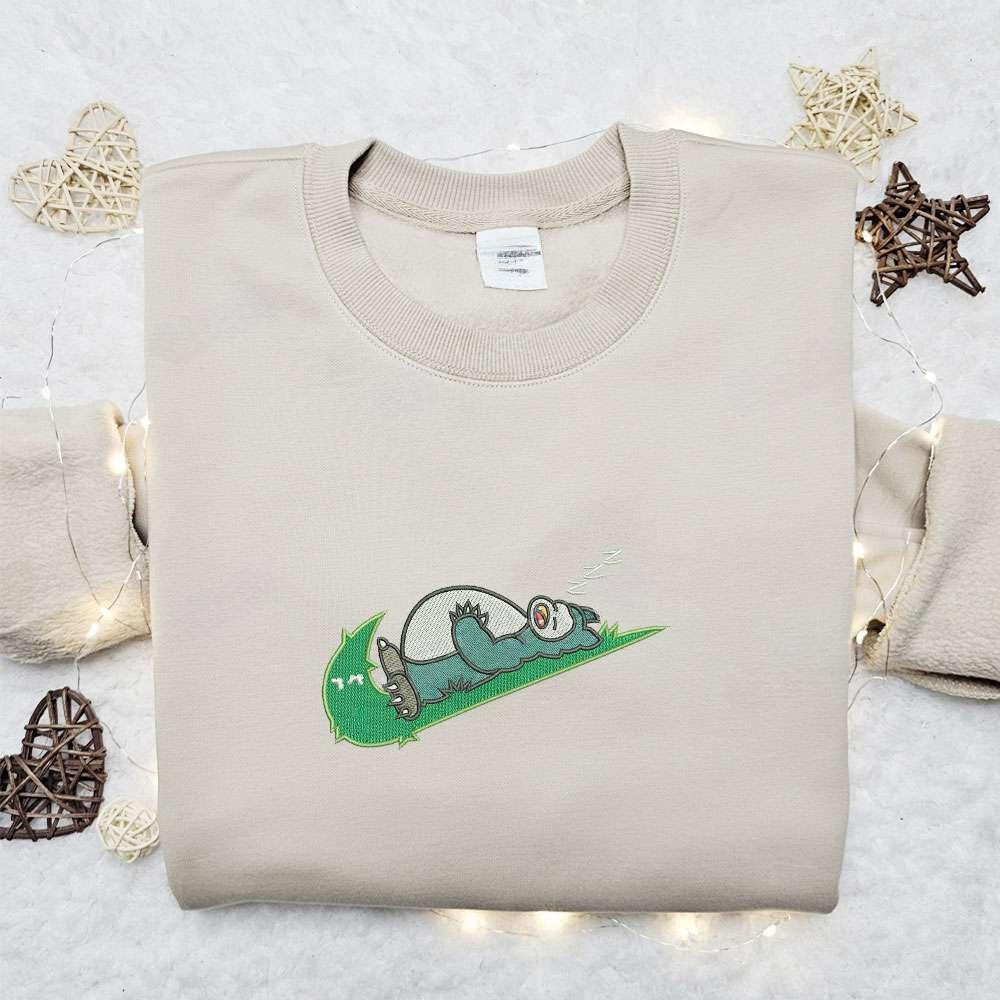 Snorlak Sleeping X Swoosh Embroidered Sweatshirt Pokemon Anime , Anime Embroidered T-shirt Sweatshirt Hoodie, Inspired Anime Movie, Best Gift for Anime Fans