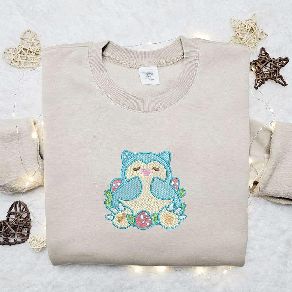 Snorlax And Strawberries Embroidered Shirt Pokemon Anime , Anime Embroidered T-shirt Sweatshirt Hoodie, Inspired Anime Movie, Best Gift for Anime Fans