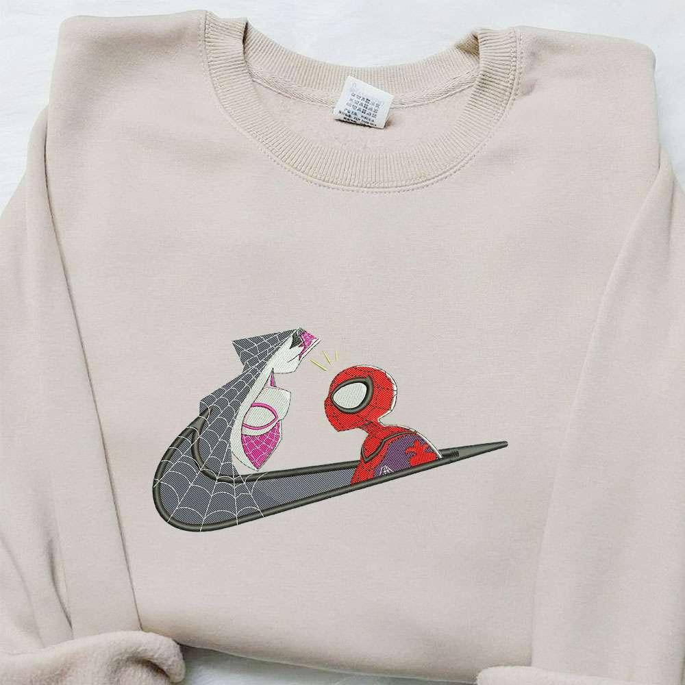 Spider Man and Gwen x Swoosh Movie Embroidered Hoodie Marver Cinematic Universe Best Gift Ideas for Family