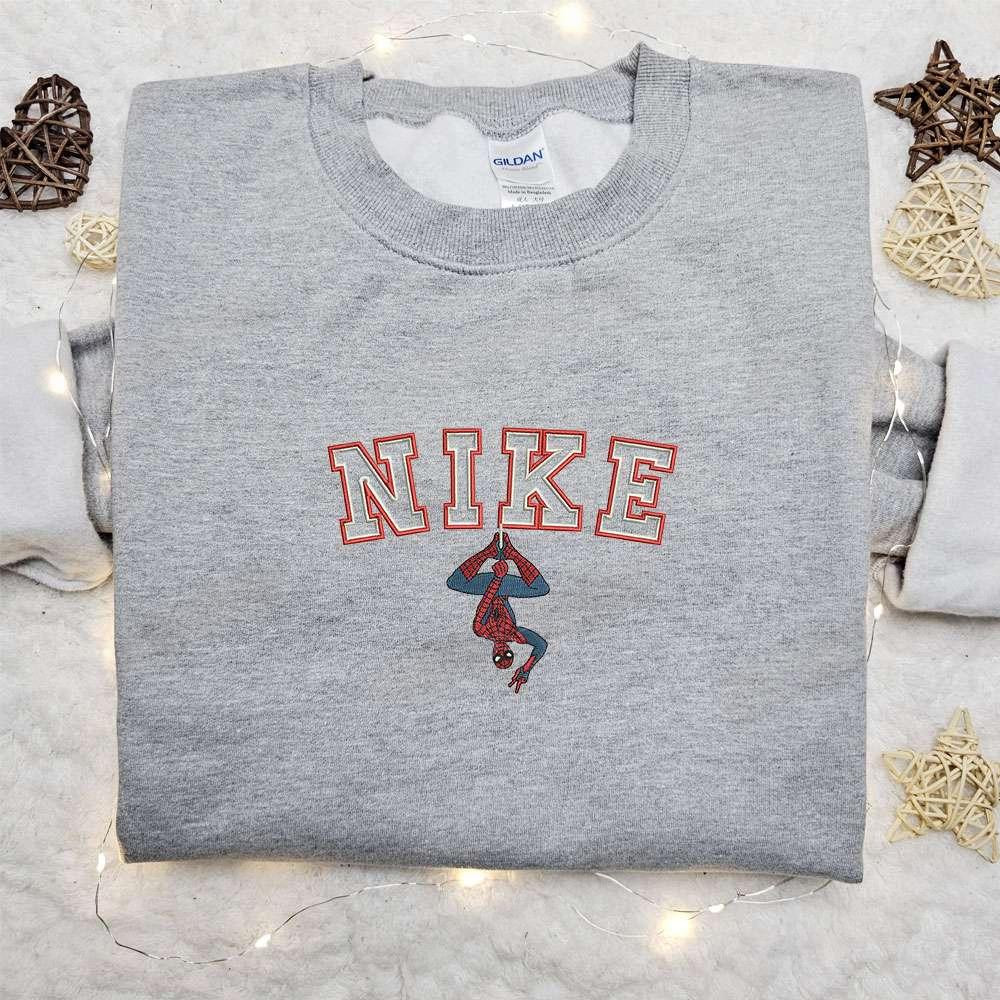 Spider Man Hanging On Nike Logo Embroidered Shirt Marvel Movie Embroidered Hoodie Nike Inpsired Embroidered Sweatshirt