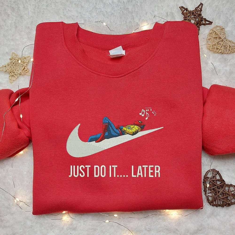 Spider Man Just Do It Later x Swoosh Embroidered Hoodie Marver Cinematic Universe Best Gift Ideas for Family