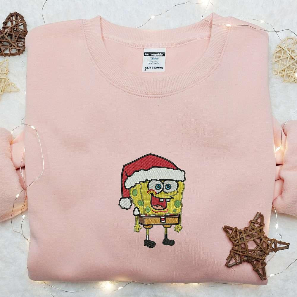 Spongebob Santa Hat Embroidered Shirt Cartoon Embroidered Hoodie Best Christmas Gifts For Family
