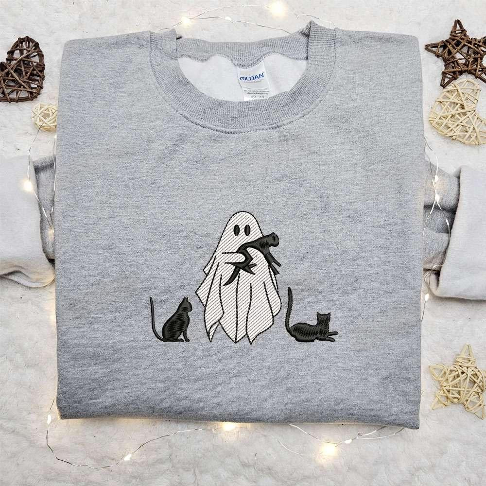 Spooky Ghost Black Cats Embroidered Sweatshirt Halloween Embroidered Hoodie Best Halloween Gift Ideas