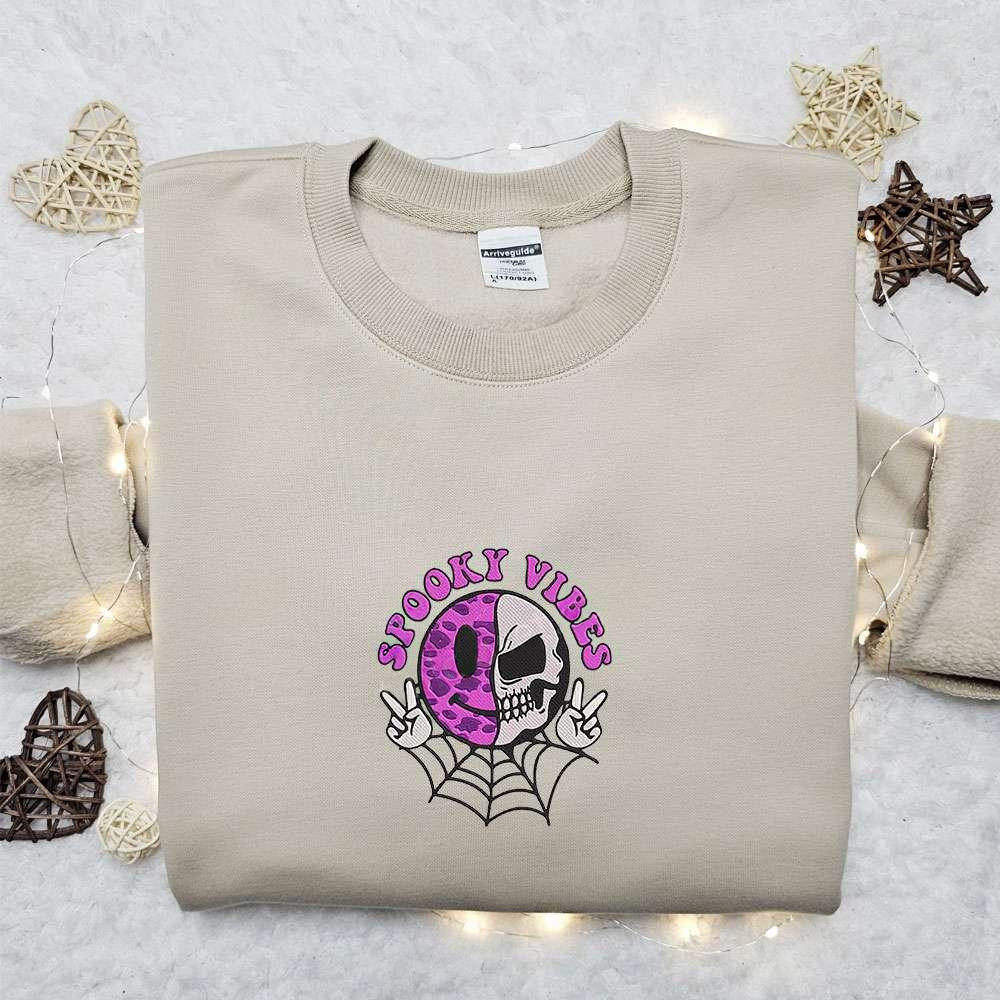 Spooky Vibes Smiley Face Skull Embroidered Shirt Halloween Embroidered Hoodie Best Halloween Gift Ideas