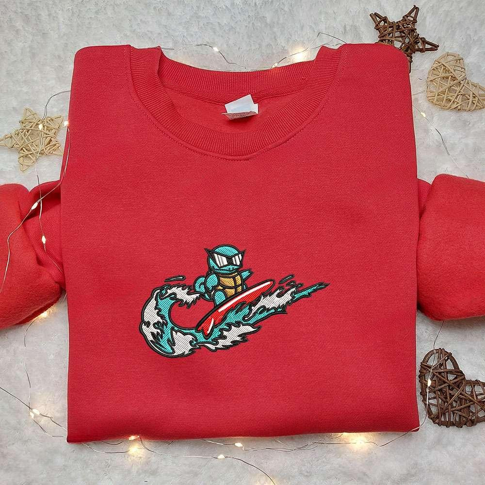 Squirtle Surfing X Nike Swoosh , Anime Embroidered T-shirt Sweatshirt Hoodie, Inspired Anime Movie, Best Gift for Anime Fans