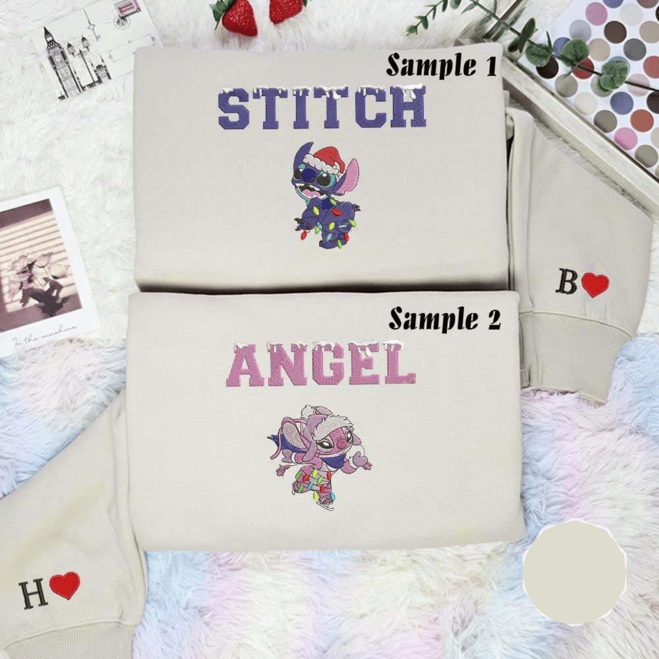 Stitch And Angel Christmas Embroidered Couples Shirts