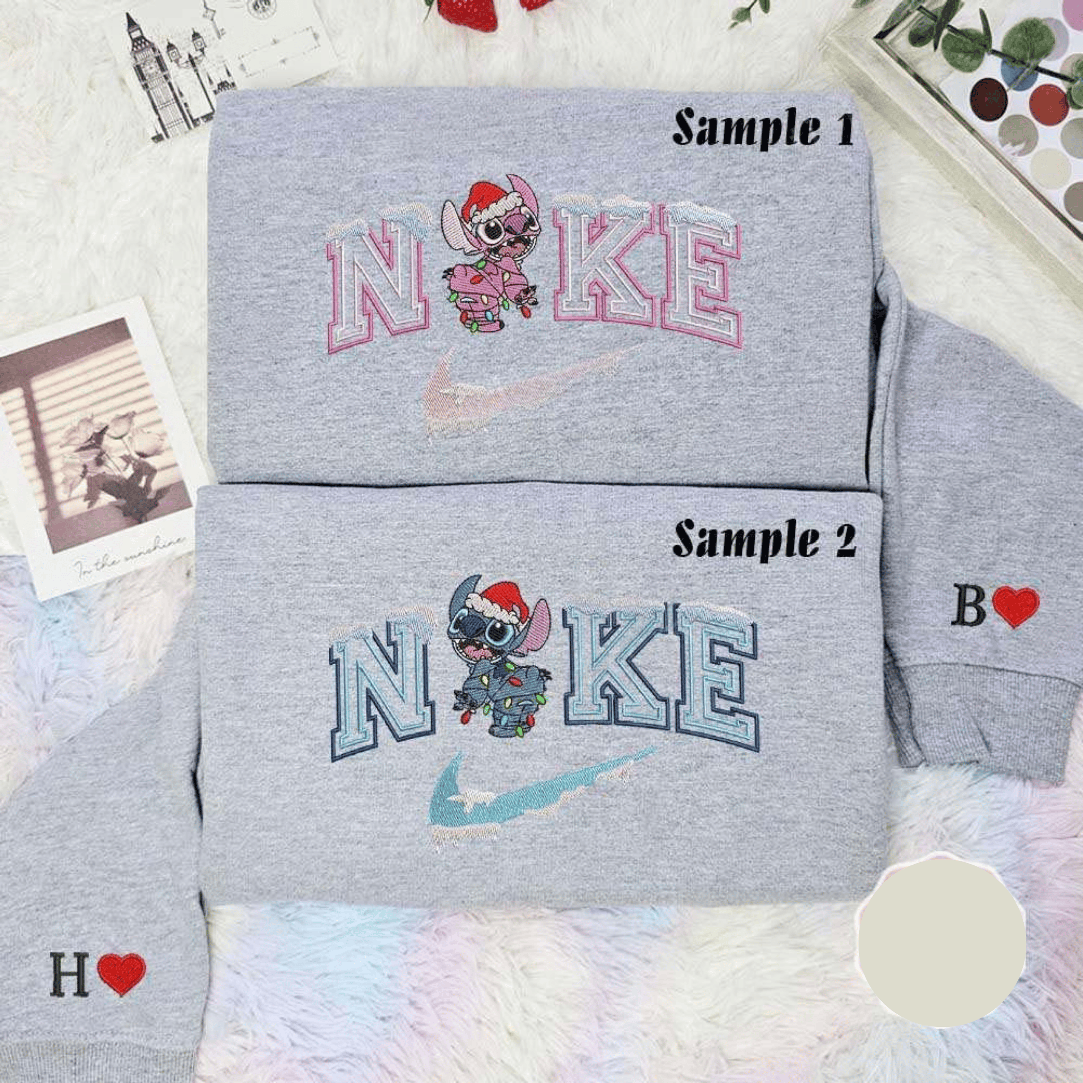 Stitch And Angel Christmas Lights Embroidered Couples Shirts