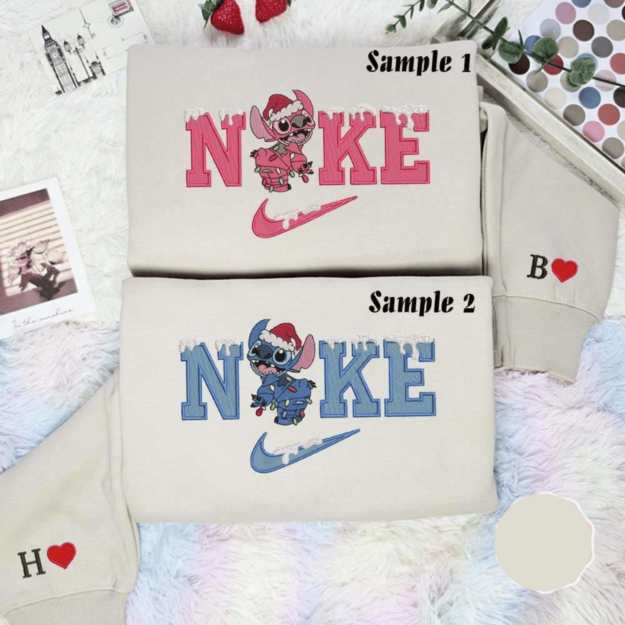 Stitch And Angel Christmas Lights Embroidered Couples Shirts