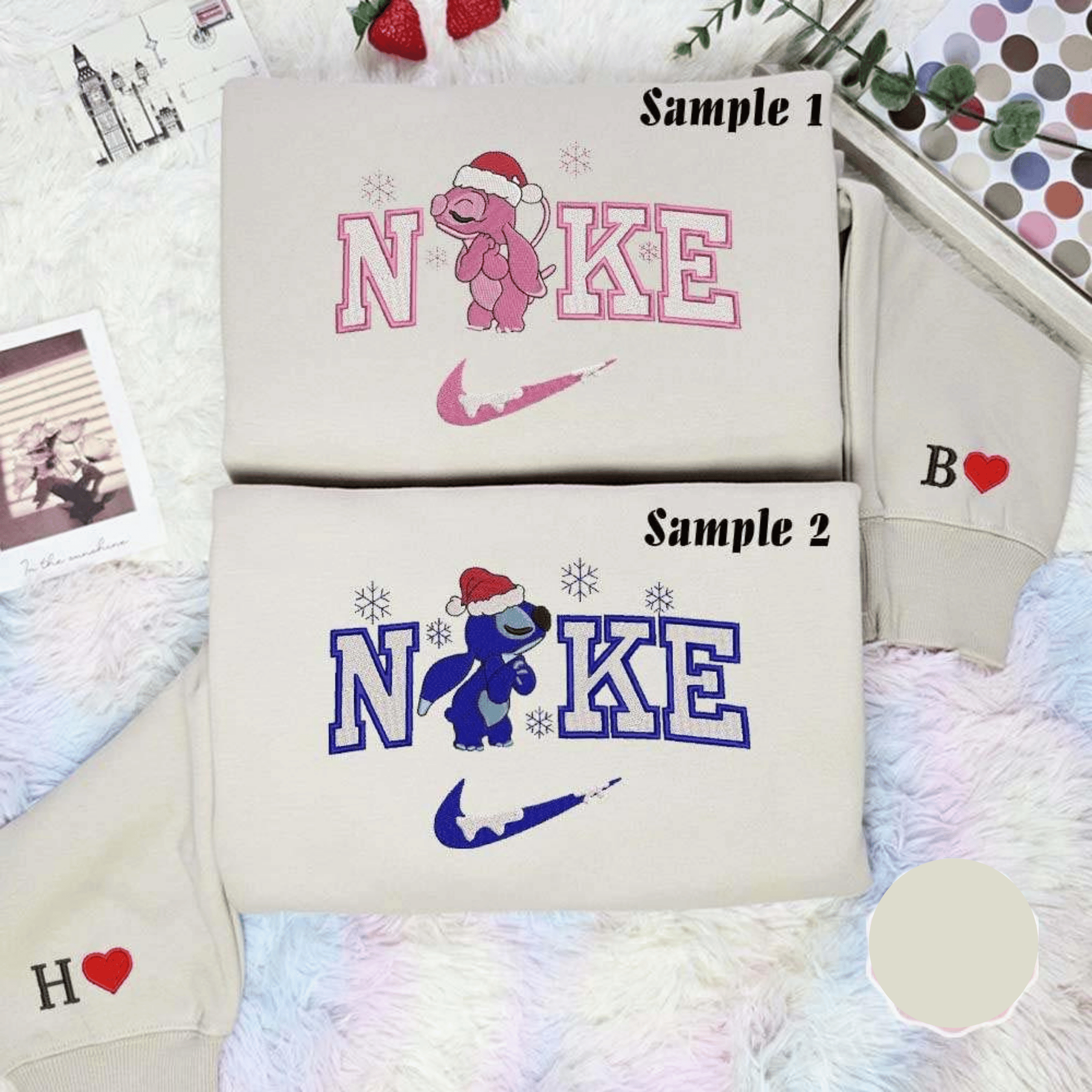 Stitch And Angel Christmas Snow Embroidered Couples Shirts