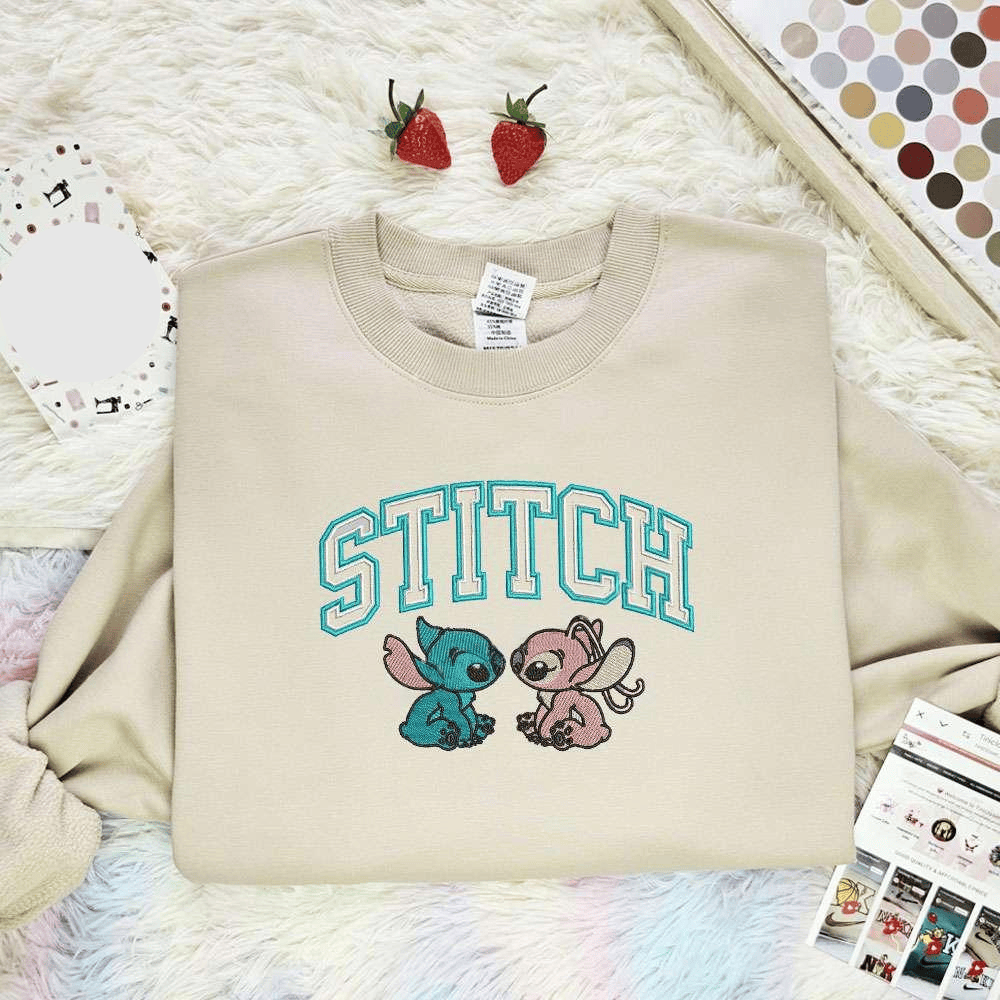 Stitch And Angel Disney Characters Embroidered Shirt
