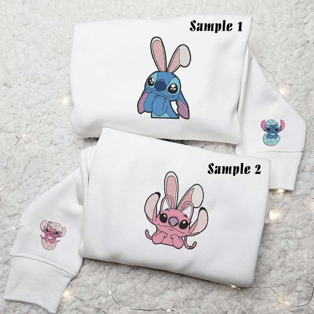 Stitch And Angel Easter Embroidered Couple Shirts