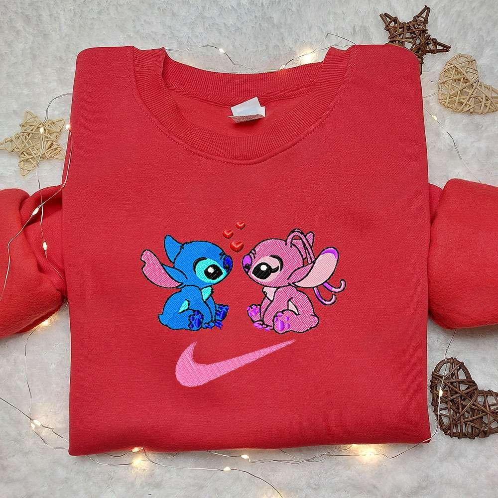 Stitch and Angel Love x Nike Swoosh Cartoon Embroidered Shirt Lilo and Stitch Embroidered Shirt Nike Inspired Embroidered Shirt