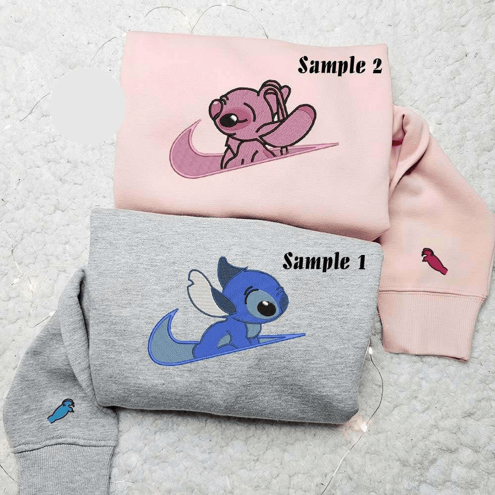 Stitch And Angel Side Profile Love Disney Characters Embroidered Couples Shirts