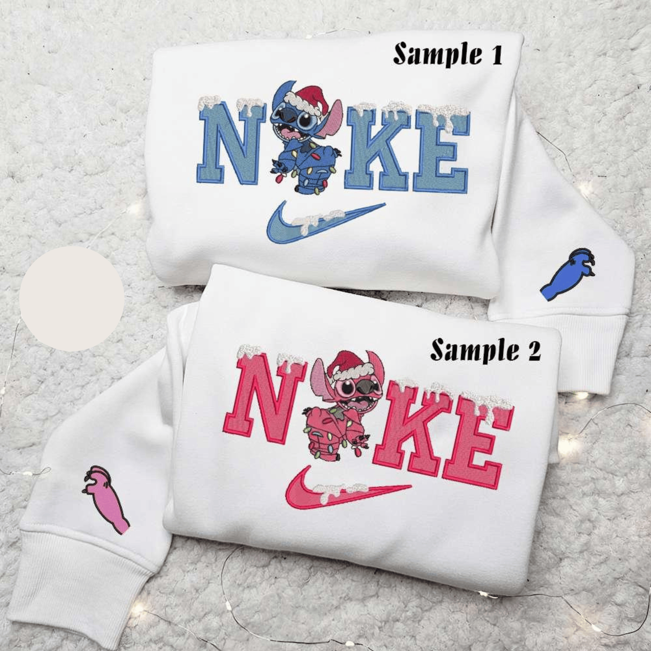 Stitch And Angel Xmas x Nike Couple Embroidered Shirt Christmas Embroidered Hoodie Valentines Day Embroidered Sweatshirt
