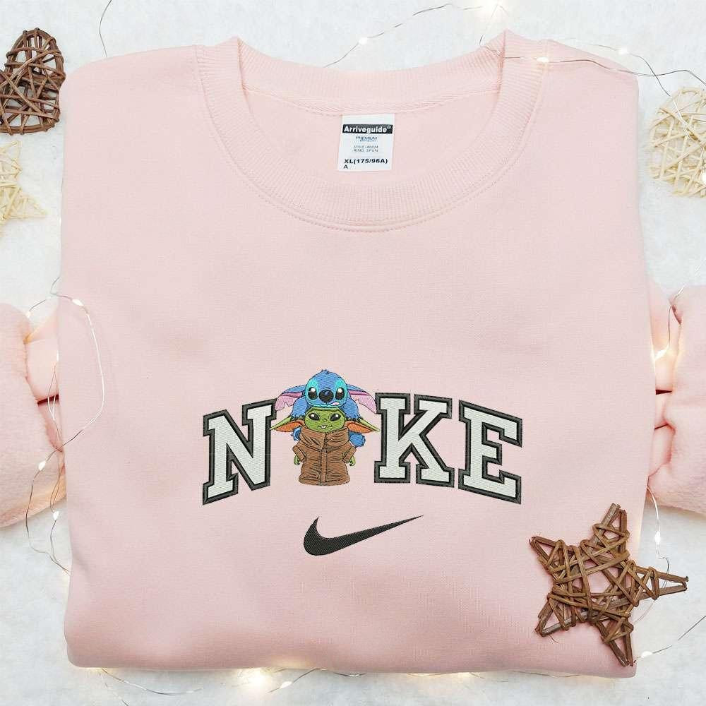 Stitch And Baby Yoda x Nike Embroidered Shirt Nike Inspired Embroidered Hoodie Best Gift Idea