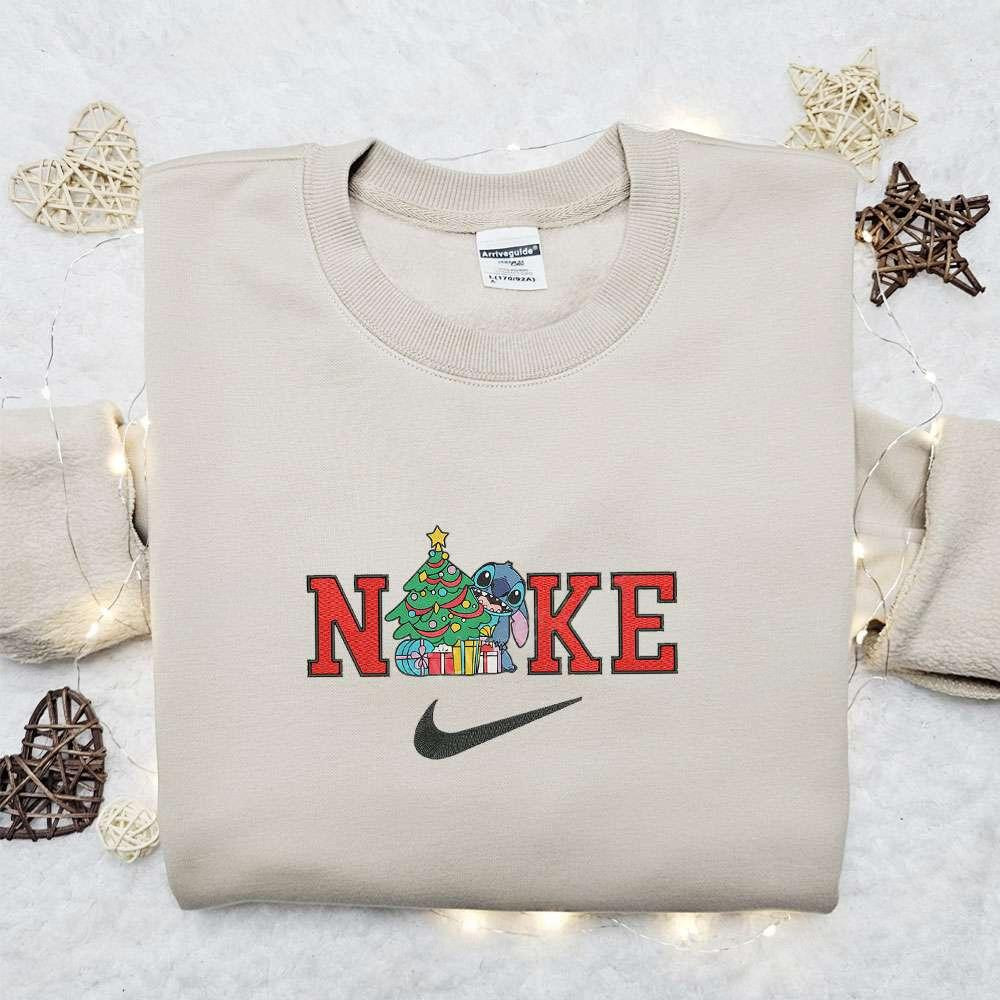 Stitch and Christmas Tree x Nike Embroidered Sweatshirt Movie Christmas Embroidered Shirt Best Christmas Gift Ideas
