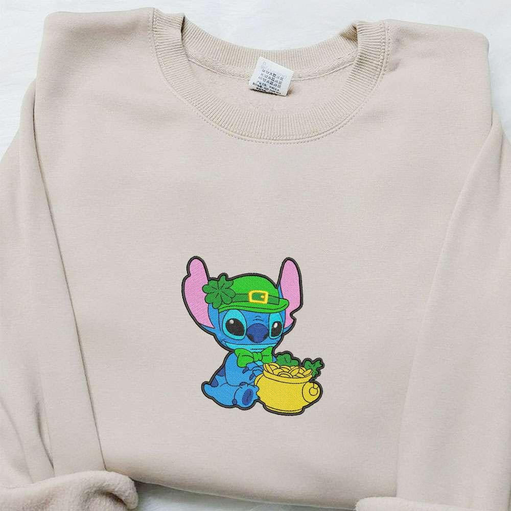 Stitch And Pot Of Gold Embroidered Shirt Disney Characters Embroidered Hoodie Saint Patricks Day Gift Ideas