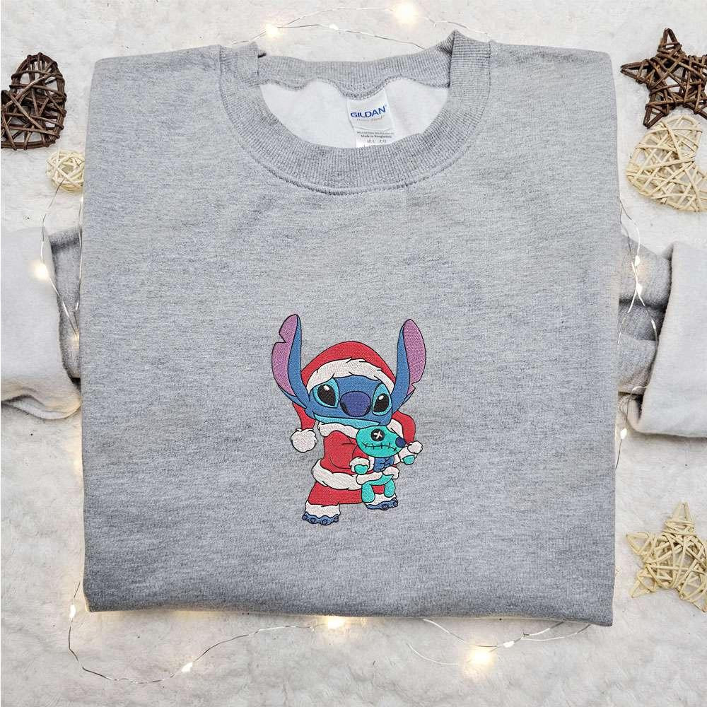 Stitch And Scrump Xmas Embroidered Shirt Disney Characters Embroidered Hoodie Christmas Embroidered Shirt