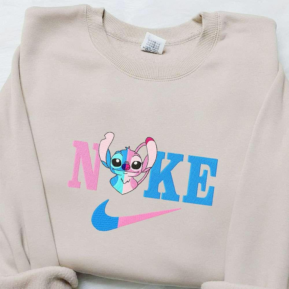 Stitch Angel Couple Love x Nike Cartoon Embroidered Shirt Lilo and Stitch Embroidered Shirt Nike Inspired Embroidered Shirt