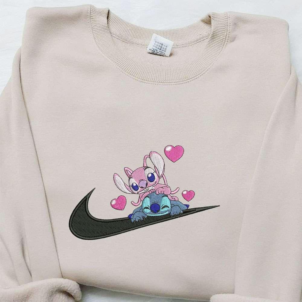 Stitch Angel Couple Love x Swoosh Cartoon Embroidered Hoodie Disney Characters Embroidered Shirt Best Gift Ideas for Family