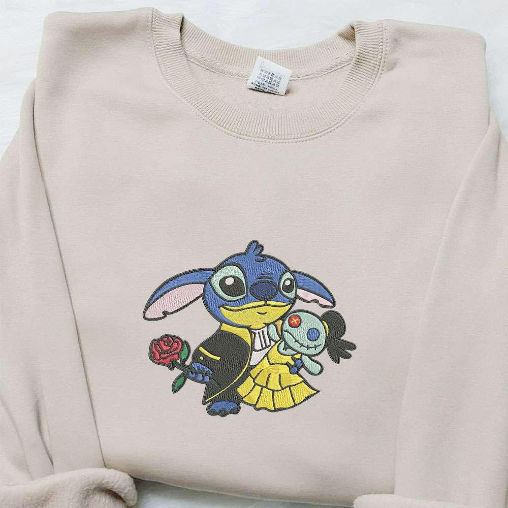 Stitch Beauty And The Beast Embroidered Shirt Disney Characters Embroidered Hoodie Best Halloween Gift Ideas