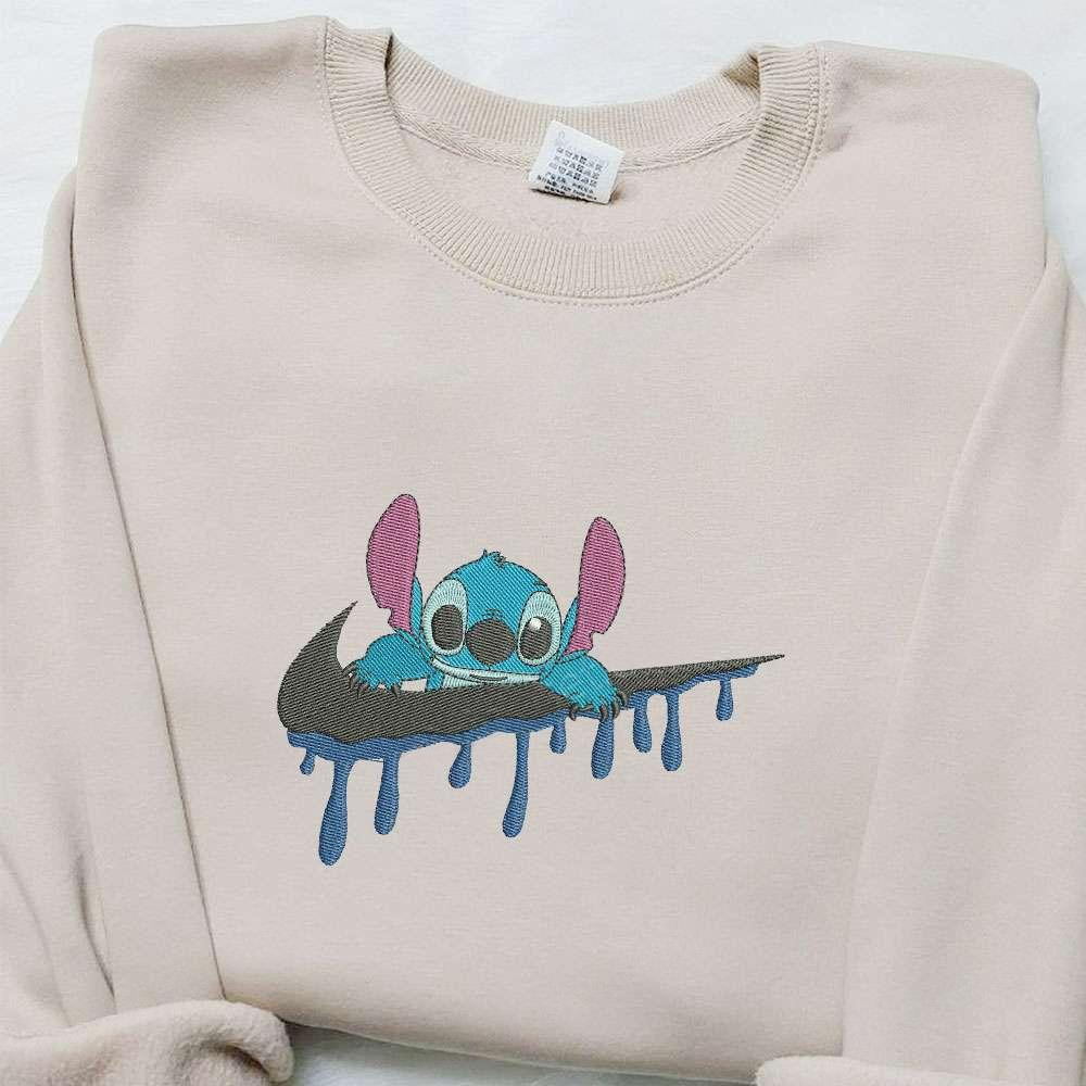 Stitch Cartoon x Swoosh Embroidered Shirt Disney Characters Embroidered Shirt Best Gift Ideas for Family