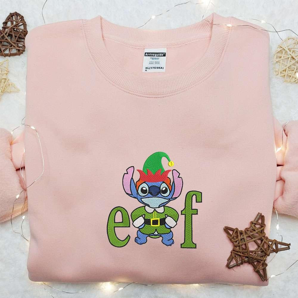 Stitch Christmas Elf Embroidered Shirt Disney Characters Embroidered Hoodie Christmas Embroidered Sweatshirt