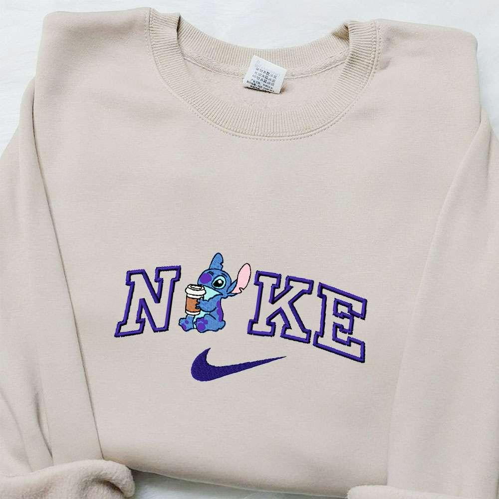 Stitch Coffee x Nike Cartoon Embroidered Hoodie Lilo and Stitch Embroidered Shirt Nike Inspired Embroidered Shirt