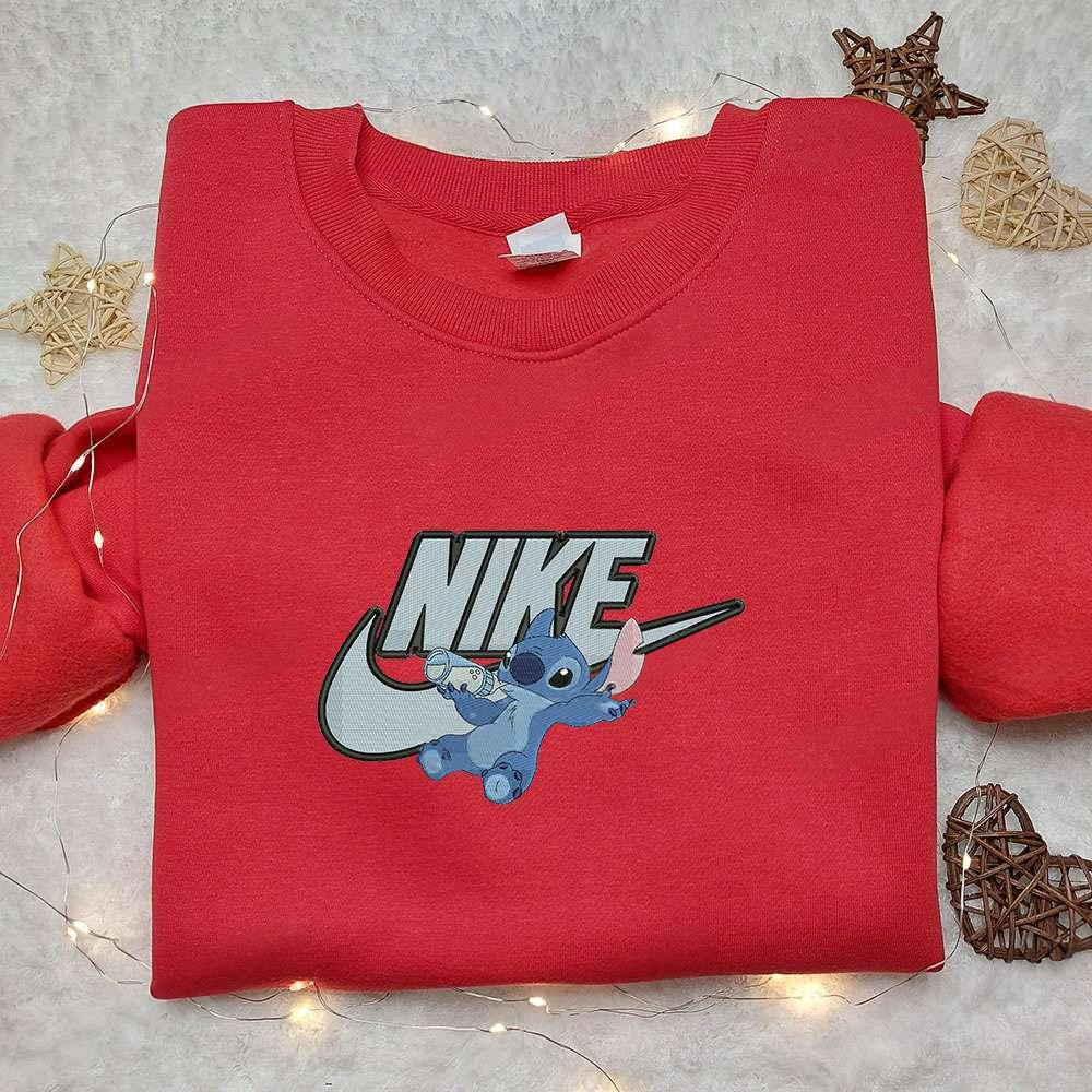 Stitch Drinking Milk x Nike Embroidered Shirt Disney Characters Embroidered Hoodie Best Gift Idea