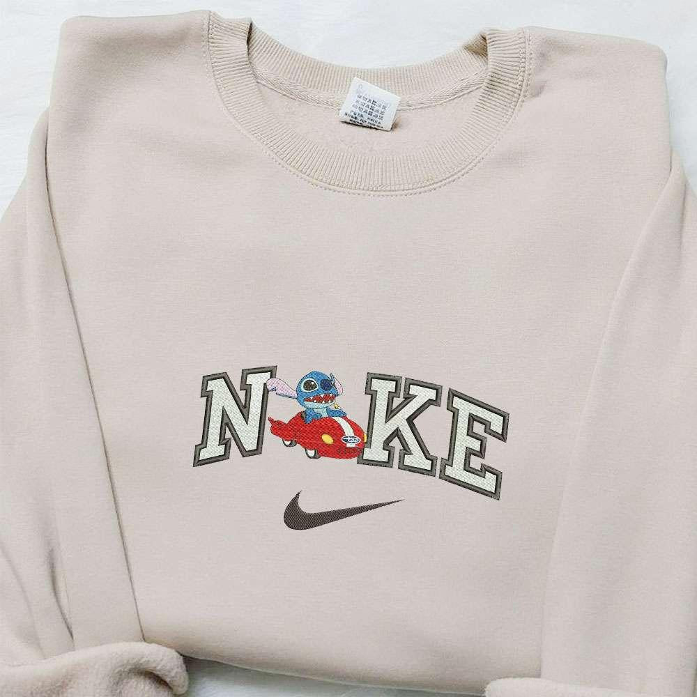 Stitch Driving Car x Nike Embroidered Shirt Disney Characters Embroidered Hoodie Nike Inspired Embroidered Sweatshirt