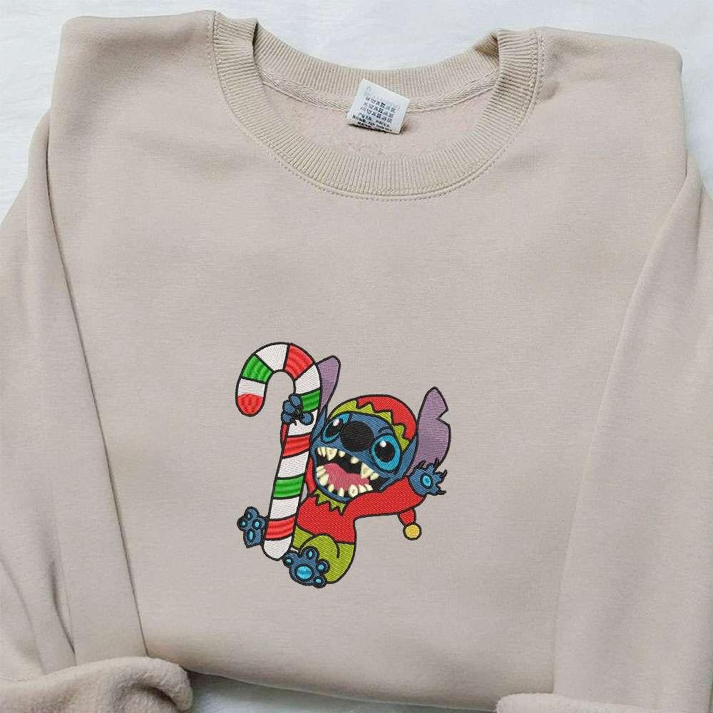 Stitch Elf With Candy Cane Embroidered Shirt Disney Characters Embroidered Hoodie Christmas Embroidered Sweatshirt