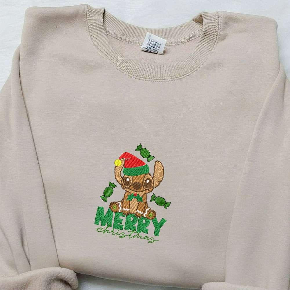 Stitch Gingerbread Merry Christmas Embroidered Shirt Disney Characters Embroidered Hoodie Christmas Embroidered Sweatshirt