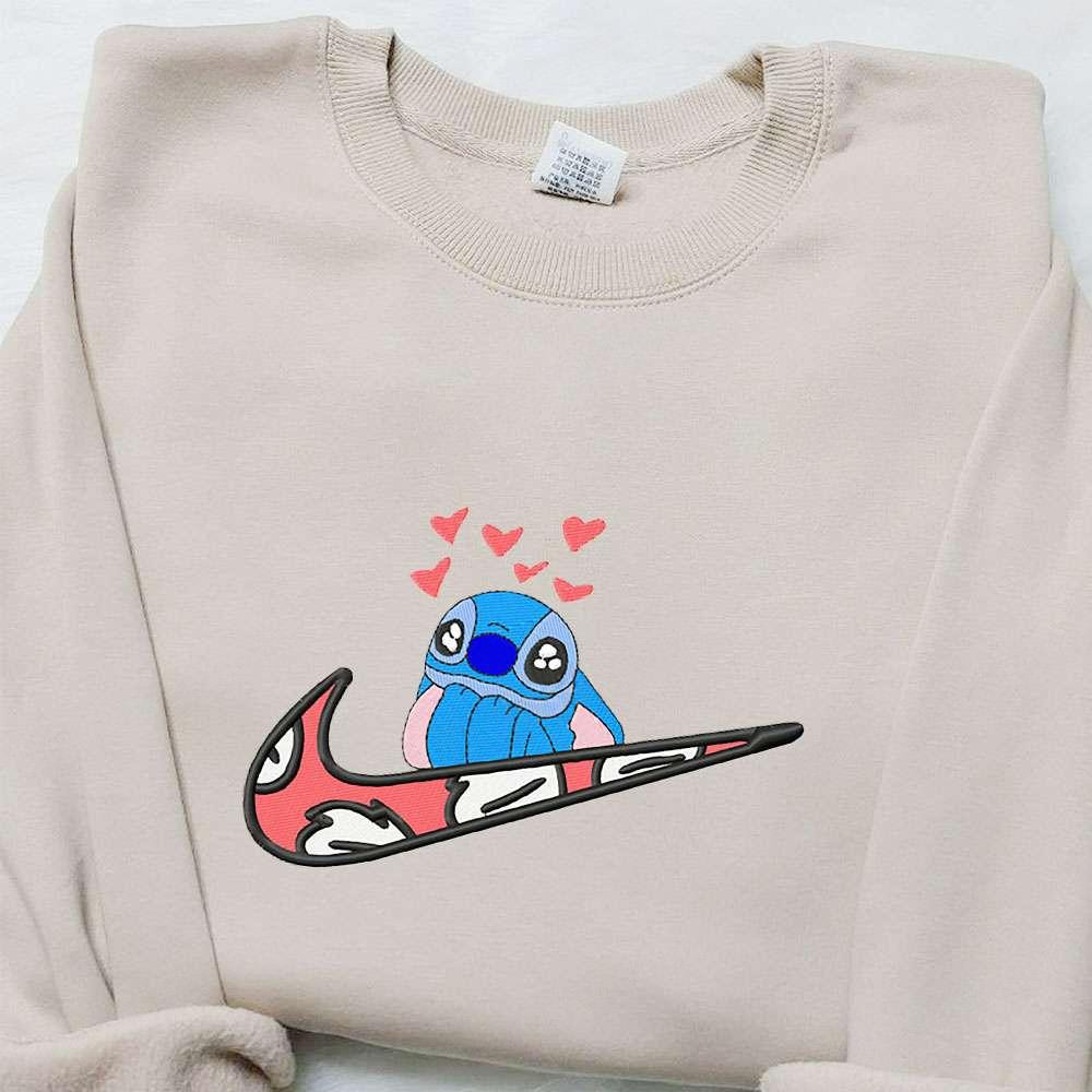Stitch Hearts x Swoosh Embroidered Sweatshirt Disney Characters Embroidered Hoodie Best Valentines Gift Ideas
