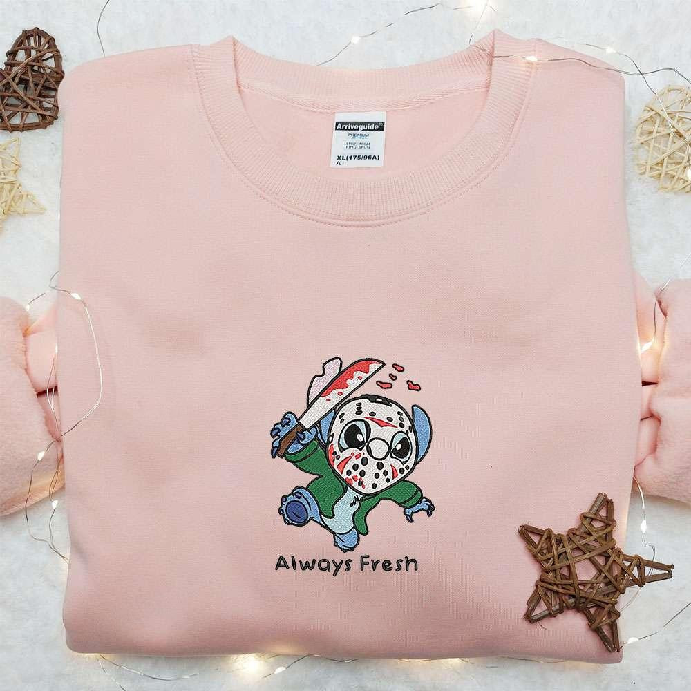 Stitch Jason Voorhees Always Fresh Embroidered Shirt Disney Characters Embroidered Hoodie Best Halloween Gift Ideas