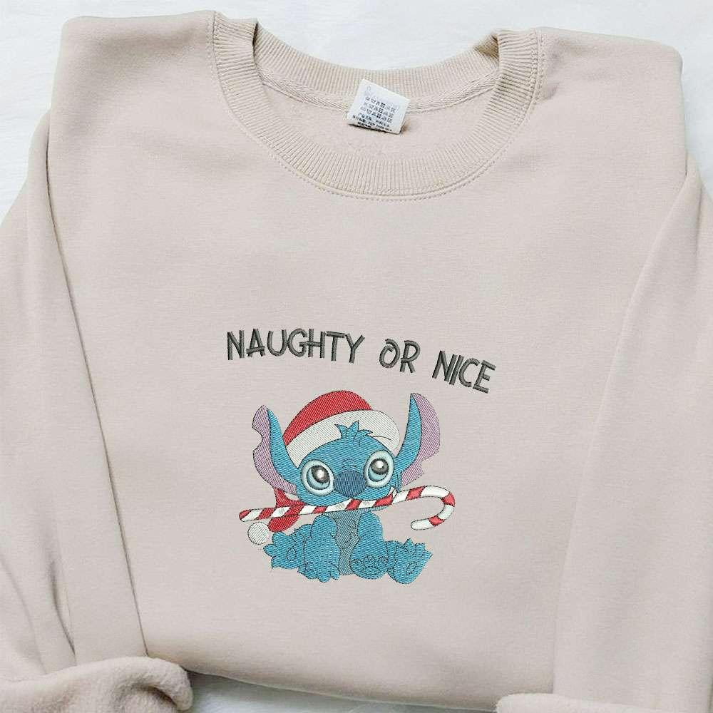 Stitch Naughty Or Nice Candy Cane Embroidered Shirt Disney Characters Embroidered Hoodie Best Christmas Gifts For Family