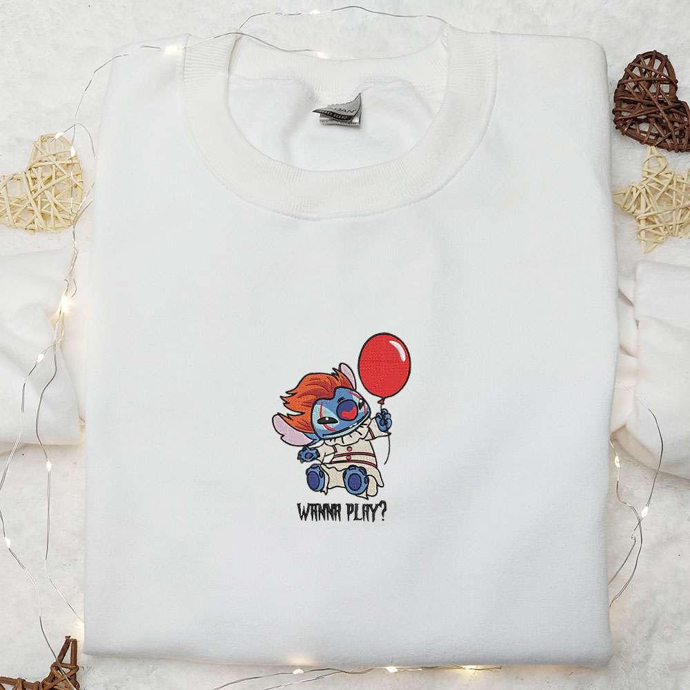 Stitch Pennywise Wanna Play Embroidered Shirt Disney Characters Embroidered Hoodie Best Halloween Gift Ideas