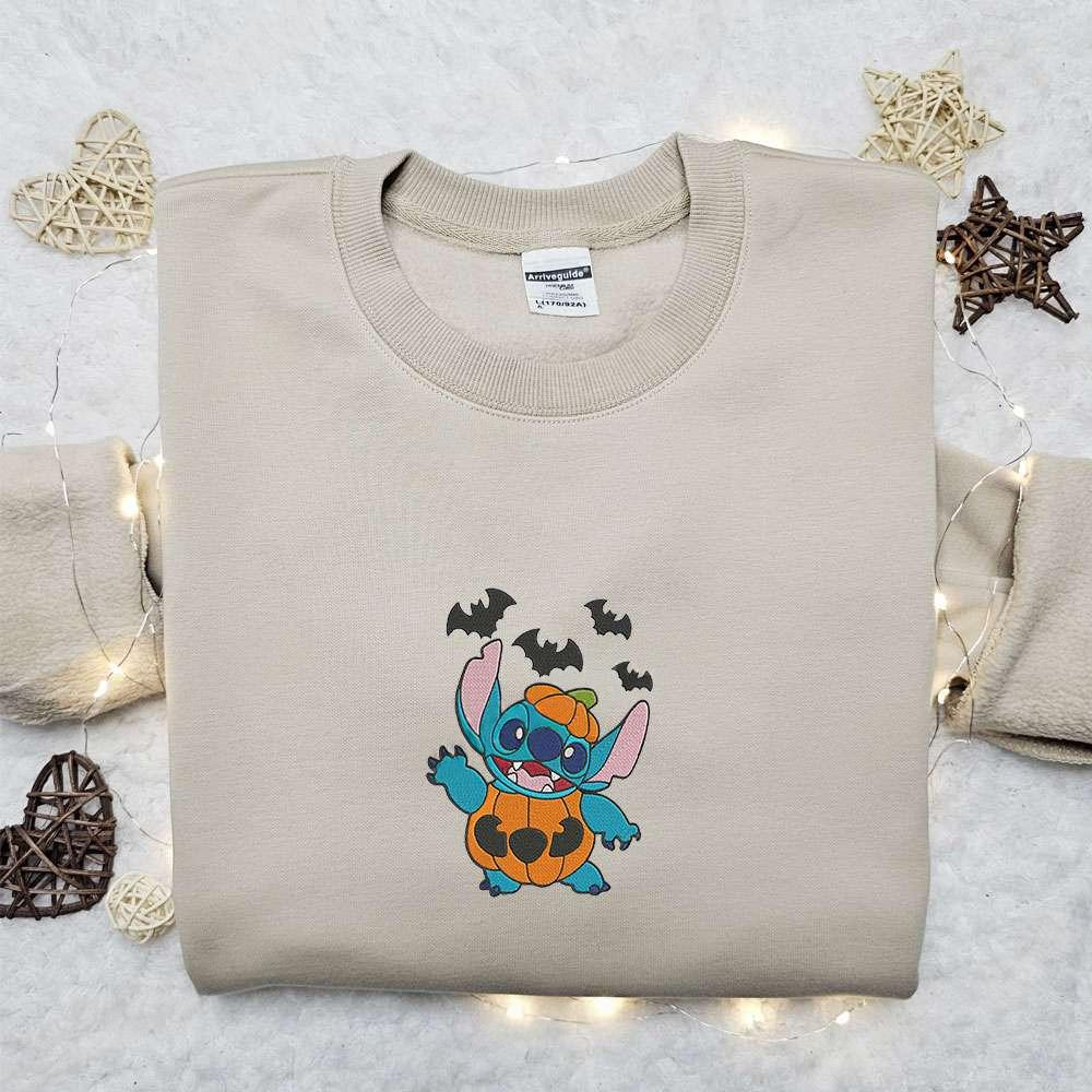 Stitch Pumpkin And Bats Embroidered Sweatshirt Disney Character Embroidered Hoodie Best Halloween Gift Ideas