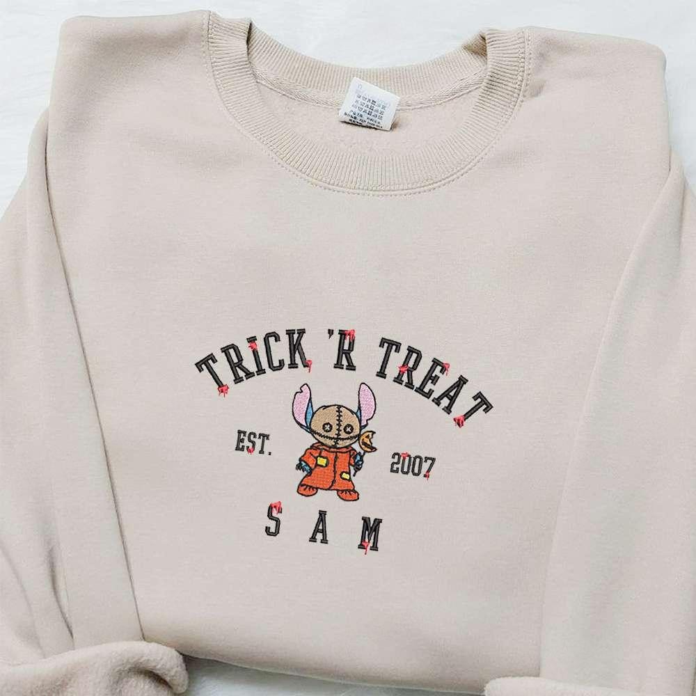 Stitch Sam Trick Or Treat Embroidered Sweatshirt Horror Movie Disney Embroidered Sweatshirt Best Halloween Gift For Family