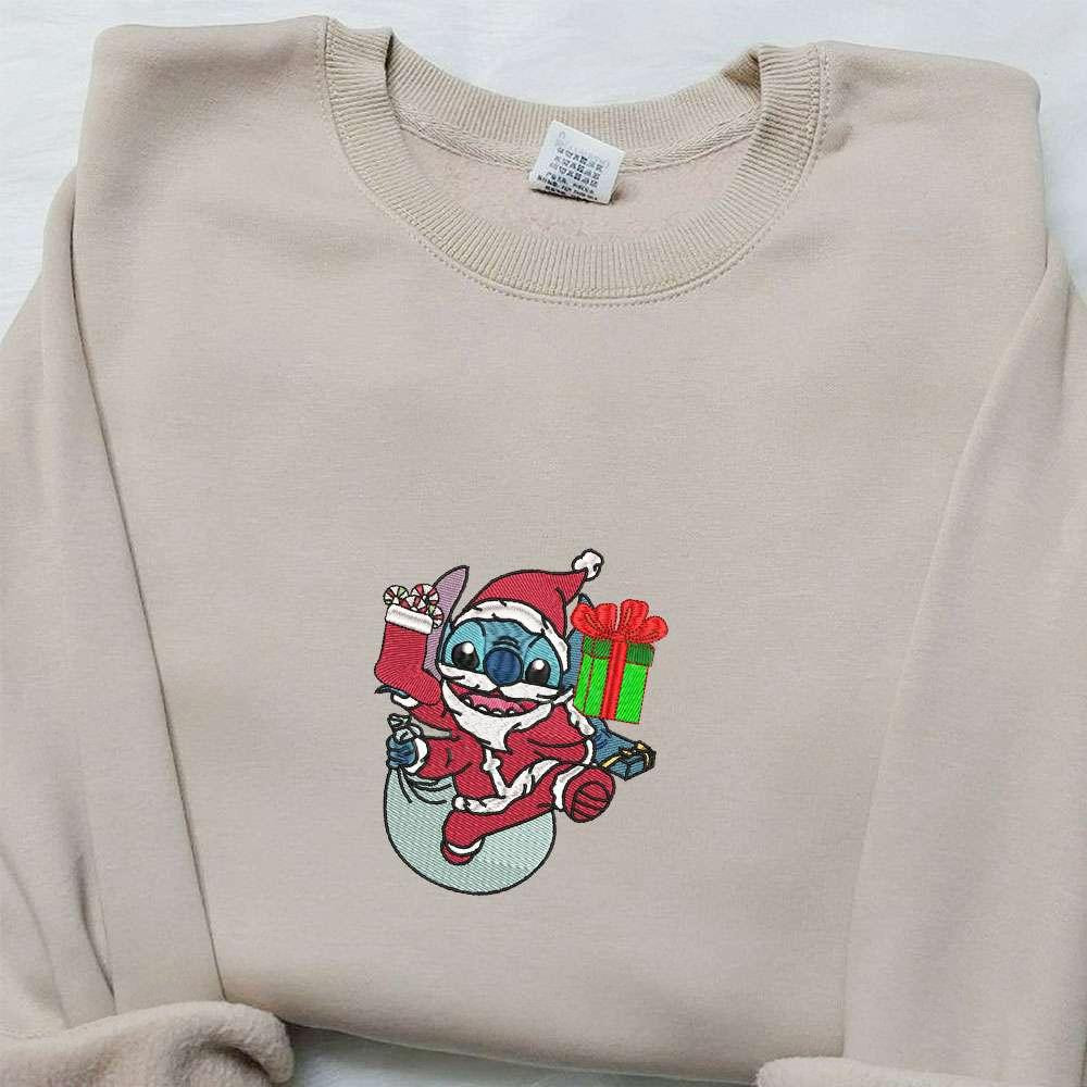 Stitch Santa With Christmas Gifts Embroidered Shirt Disney Characters Embroidered Hoodie Christmas Embroidered Sweatshirt